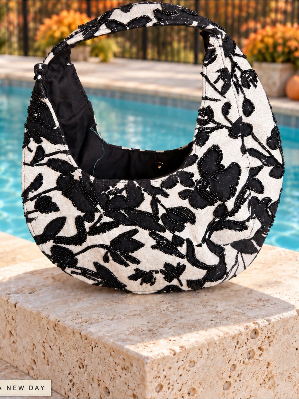a new day Black & White Beaded Floral Crescent Shoulder Bag